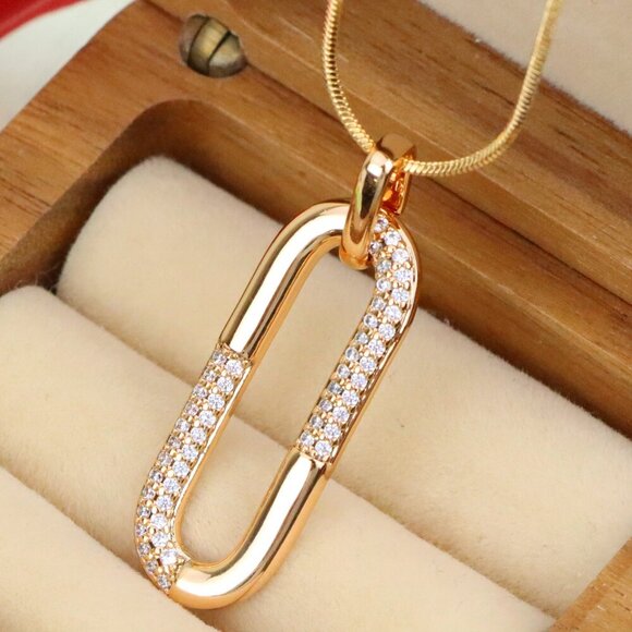 "Oval Link Style Rose Gold Pendant with Crystal Accents, XPPT1300 - Picture 1 of 12